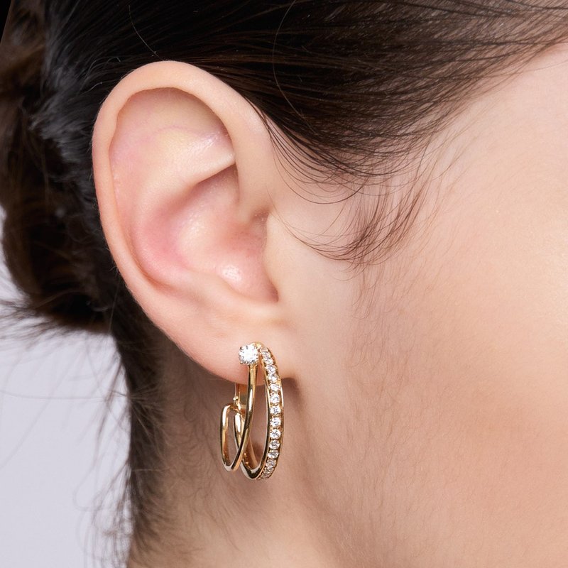 双环宝石耳夹 925银厚镀18K金 Inclusivo  EarClip - 耳环/耳夹 - 宝石 金色