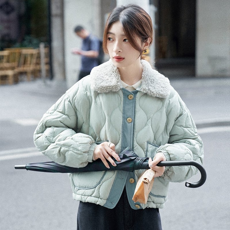 可拆卸毛领撞色羽绒服|外套|两色|秋冬款|Sora-1669 - 女装休闲/机能外套 - 尼龙 多色