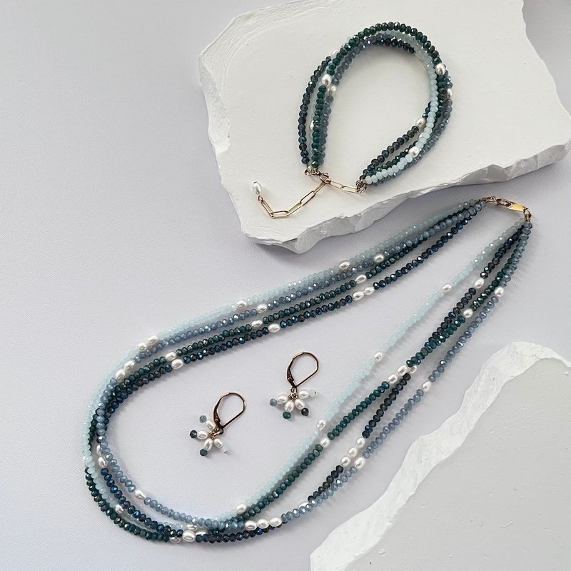 繁星点点迷你水晶珠和米型珍珠混搭项链 手链 耳环 蓝色系 - 项链 - 珍珠 蓝色