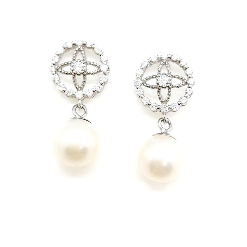 华丽满钻图腾淡水珍珠纯银耳环 - 耳环/耳夹 - 珍珠 