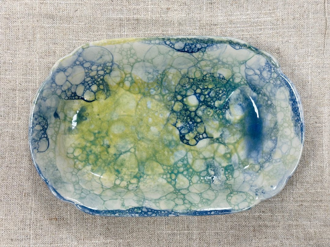 陶瓷餐盘 手工手染泡泡盘 独一无二 - 盘子/餐盘/盘架 - 陶 绿色