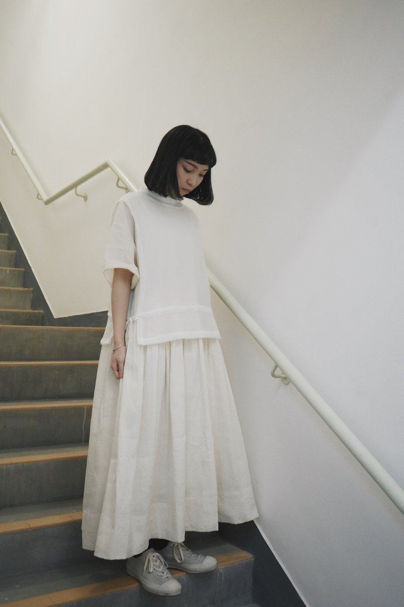 织纹连身裙-米白 - 洋装/连衣裙 - 棉．麻 