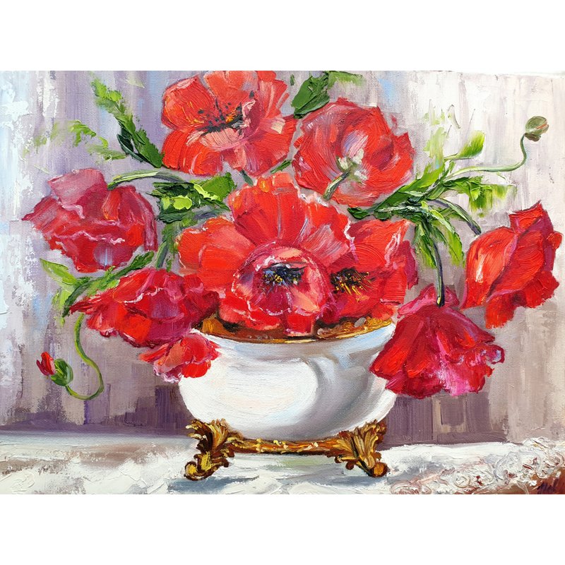 Poppies Painting Floral Oil Original Art Flower Artwork Home Decoration Art - 海报/装饰画/版画 - 其他材质 红色