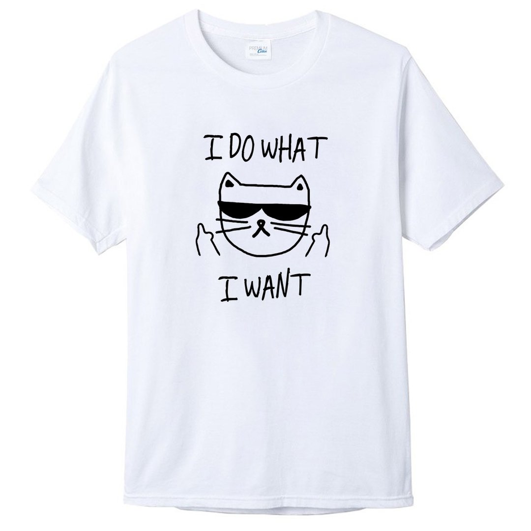 I WANT CAT 任性猫 短袖T恤 白色 动物 礼物 圣诞 情人 墨镜 趣味 - 男装上衣/T 恤 - 棉 白色