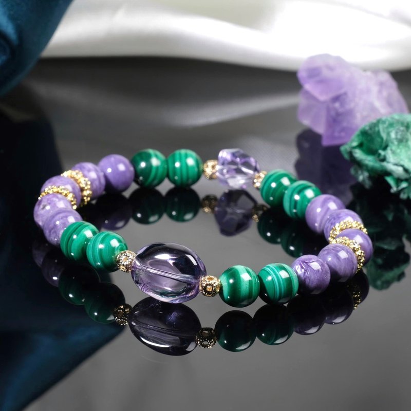 【紫灵守护】紫水晶×孔雀石×紫龙晶 水晶手链 招贵人招财开运 - 手链/手环 - 水晶 紫色
