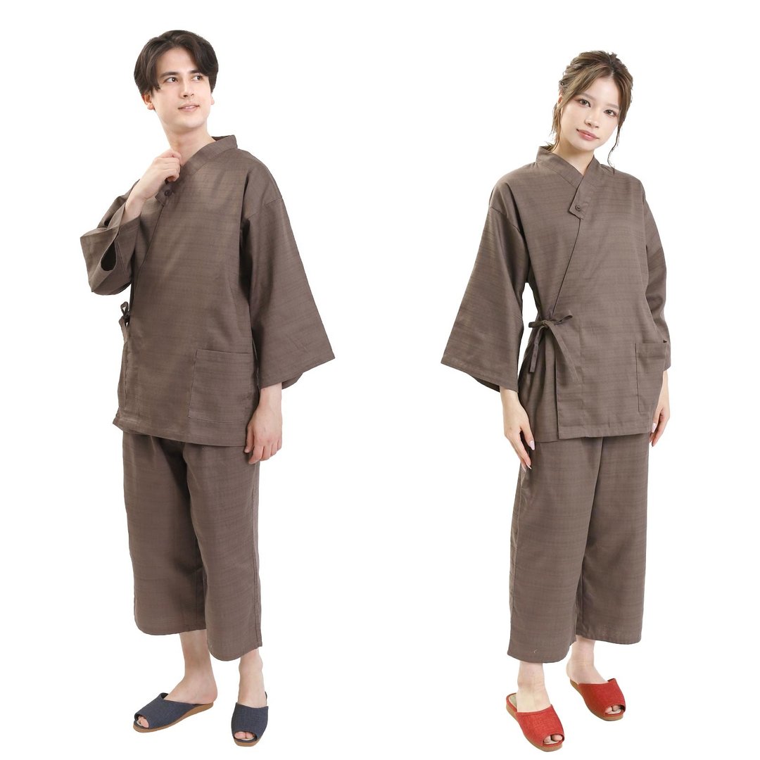 日本 和服 作务衣 套装 日式 休闲 室内服 甚平 睡衣 S/F/LL 棕色 - 居家服/睡衣 - 棉 咖啡色