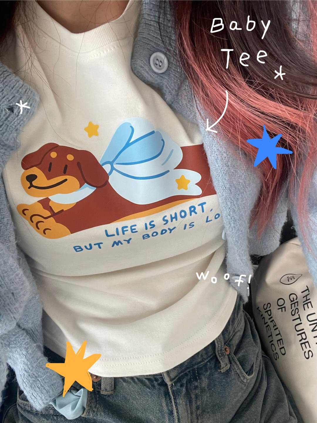 Baby Tee - Ribbon Dog - 女装 T 恤 - 棉 多色