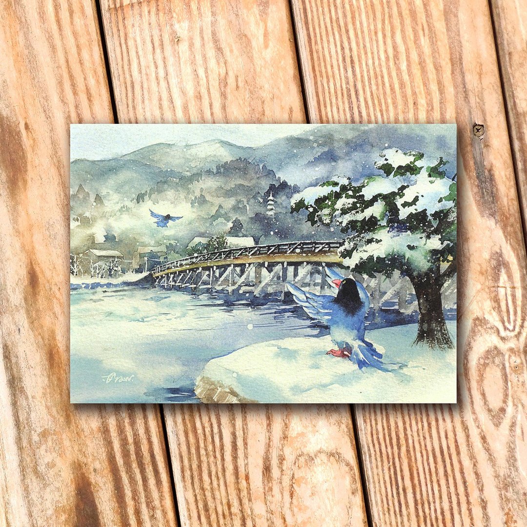 水彩绘毛孩系列明信片 - 鸟游京都岚山雪 - 卡片/明信片 - 纸 多色
