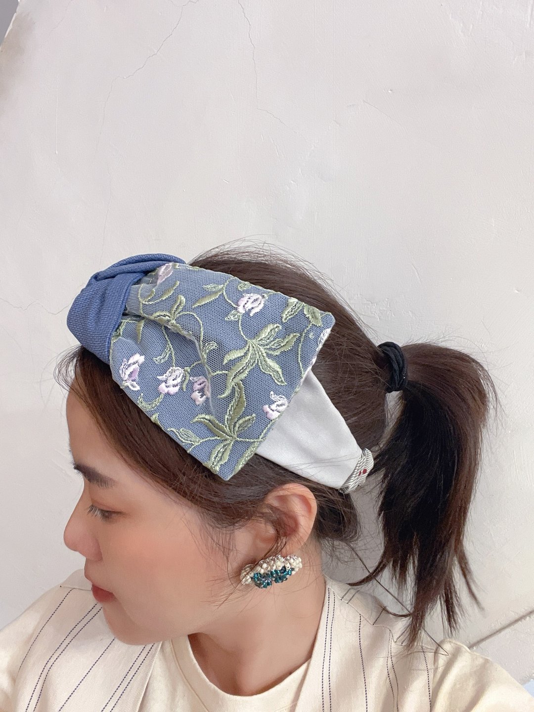 紫花刺绣拼接 松紧宽发带 - 发带/发箍 - 棉 蓝色