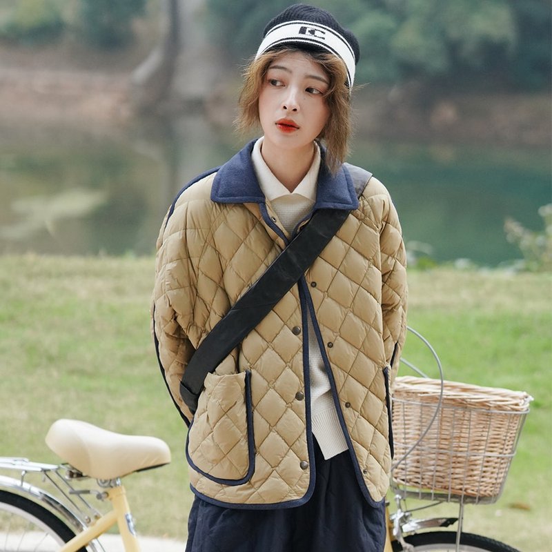 绿色翻领菱格拼接羽绒服|外套|秋冬款|白鸭绒|Sora-1094 - 女装休闲/机能外套 - 尼龙 绿色