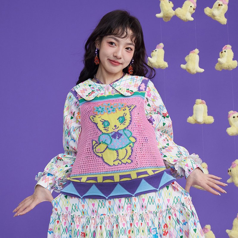 可爱小猫 粉色镂空 針織吊带背心 - 女装上衣 - 其他材质 粉红色