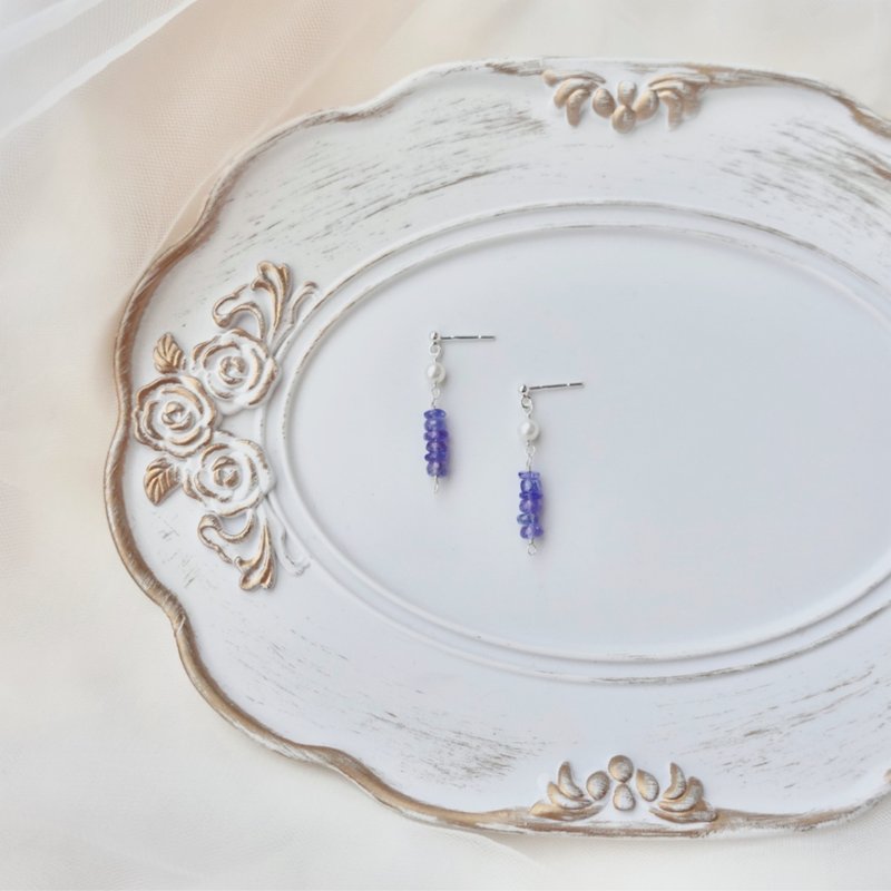 New Begins 天然石 坦桑石 海水珍珠 天然珍珠 925纯银 耳环 耳钉 - 耳环/耳夹 - 半宝石 蓝色