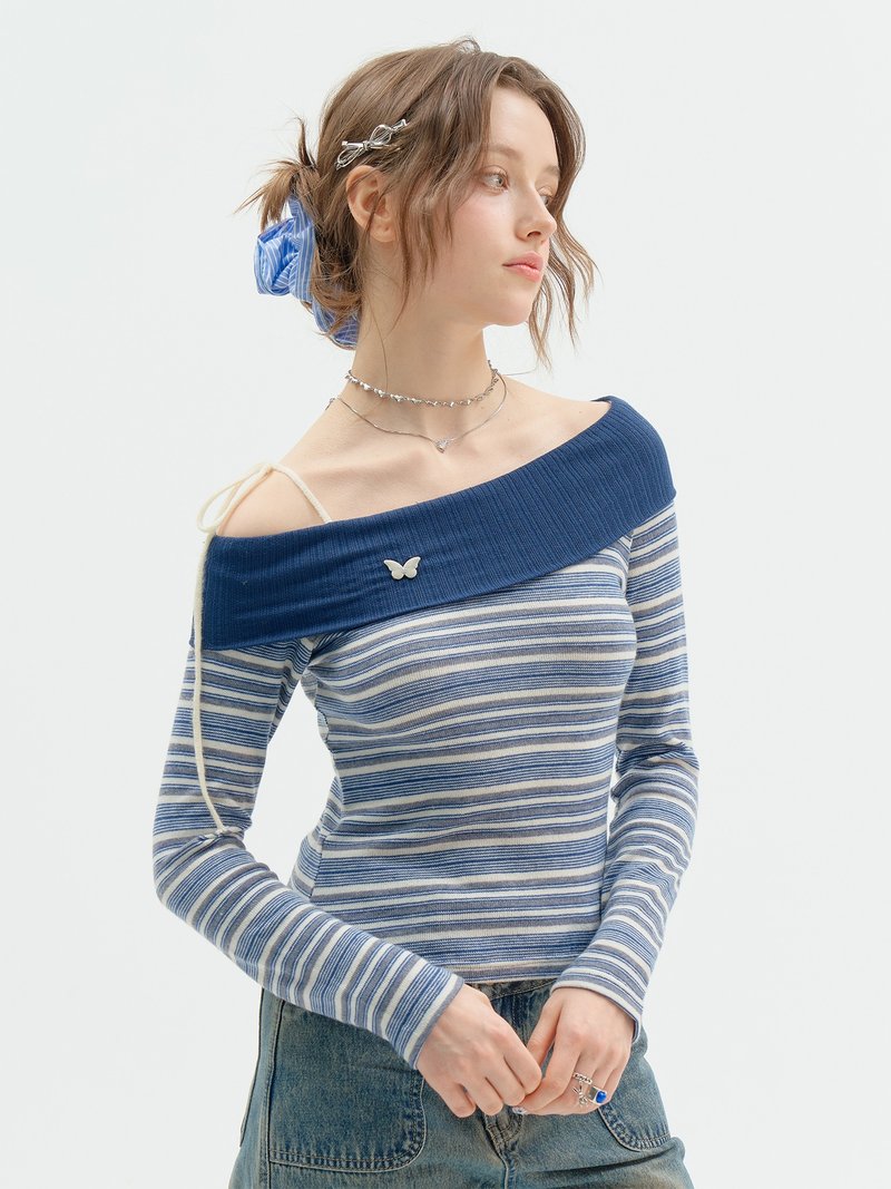 ziziFei春秋季美式设计感修身显瘦一字肩条纹深蓝色斜肩长袖T恤女 - 女装上衣 - 其他材质 蓝色
