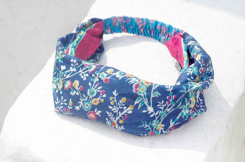 限量一件 手工发带 / 法式发带 / 缤纷花朵发带 / 缎面松紧发带 / 缎面丝绸发带 / 花朵发带 - 法式蓝色浪漫花朵 - 发饰 - 丝．绢 蓝色