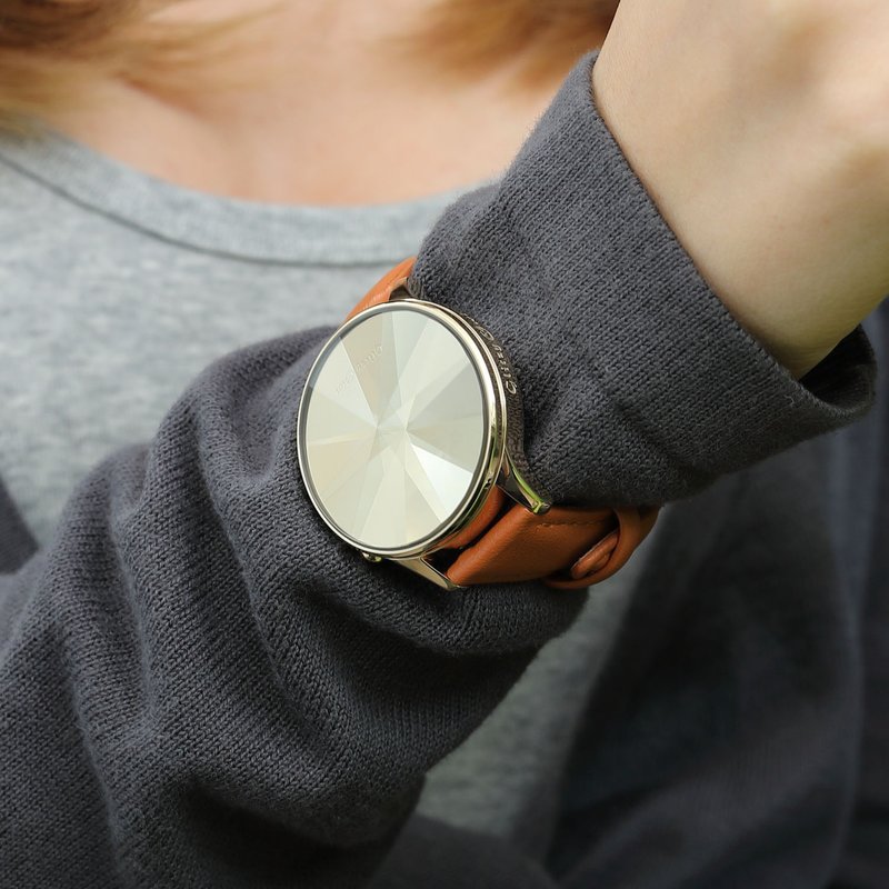 THE DIAMOND系列 - LED金色不锈钢配棕褐色真皮带手表 - 女表 - 不锈钢 金色