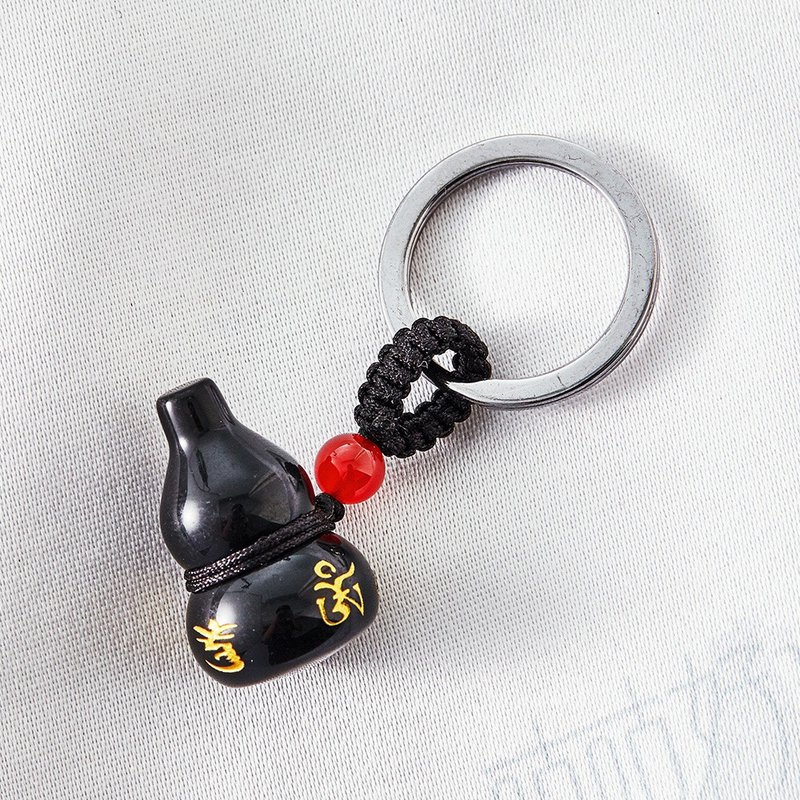 天然黑曜石六字箴言葫芦钥匙圈(含开光)避邪、化煞、开运、聚财 - 钥匙链/钥匙包 - 宝石 黑色