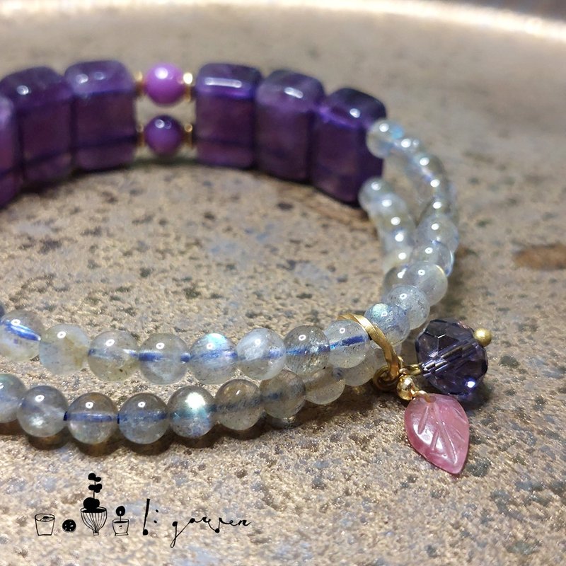 智慧与梦境手排 | 乌拉圭紫水晶 | 拉长石 | 紫云母 | 粉碧玺叶子 - 手链/手环 - 水晶 