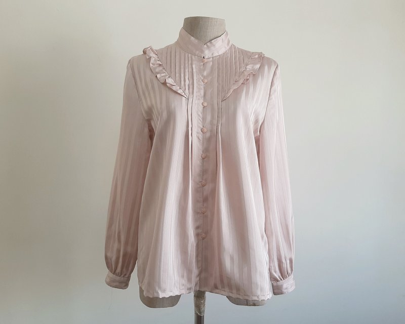 XS 复古玫瑰金金属条纹荷叶边女款长袖上衣 - 女装上衣 - 聚酯纤维 粉红色