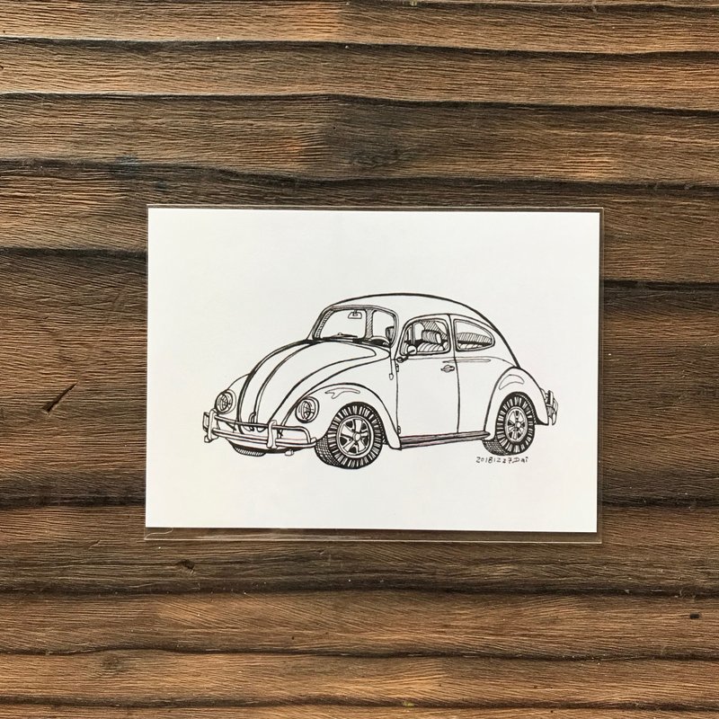 手绘老车明信片- 福斯 金龟车 vw beetle - 卡片/明信片 - 纸 