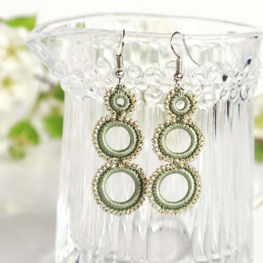 OYA crochet Earrings【RING】Khaki &amp; Silver - 耳环/耳夹 - 绣线 卡其色