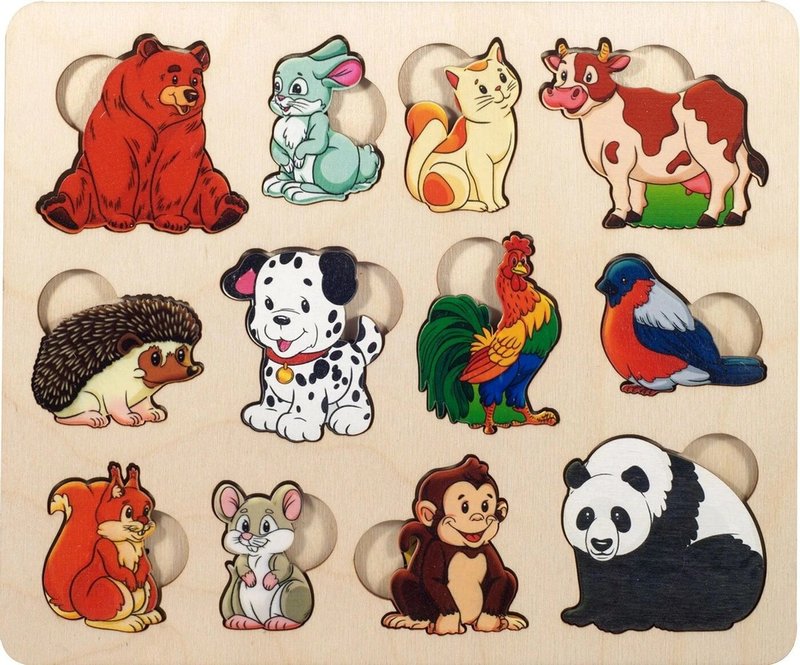 Wooden Puzzle - animals and food, Montessori toddler toy, preschool toy - 玩具/玩偶 - 木头 金色