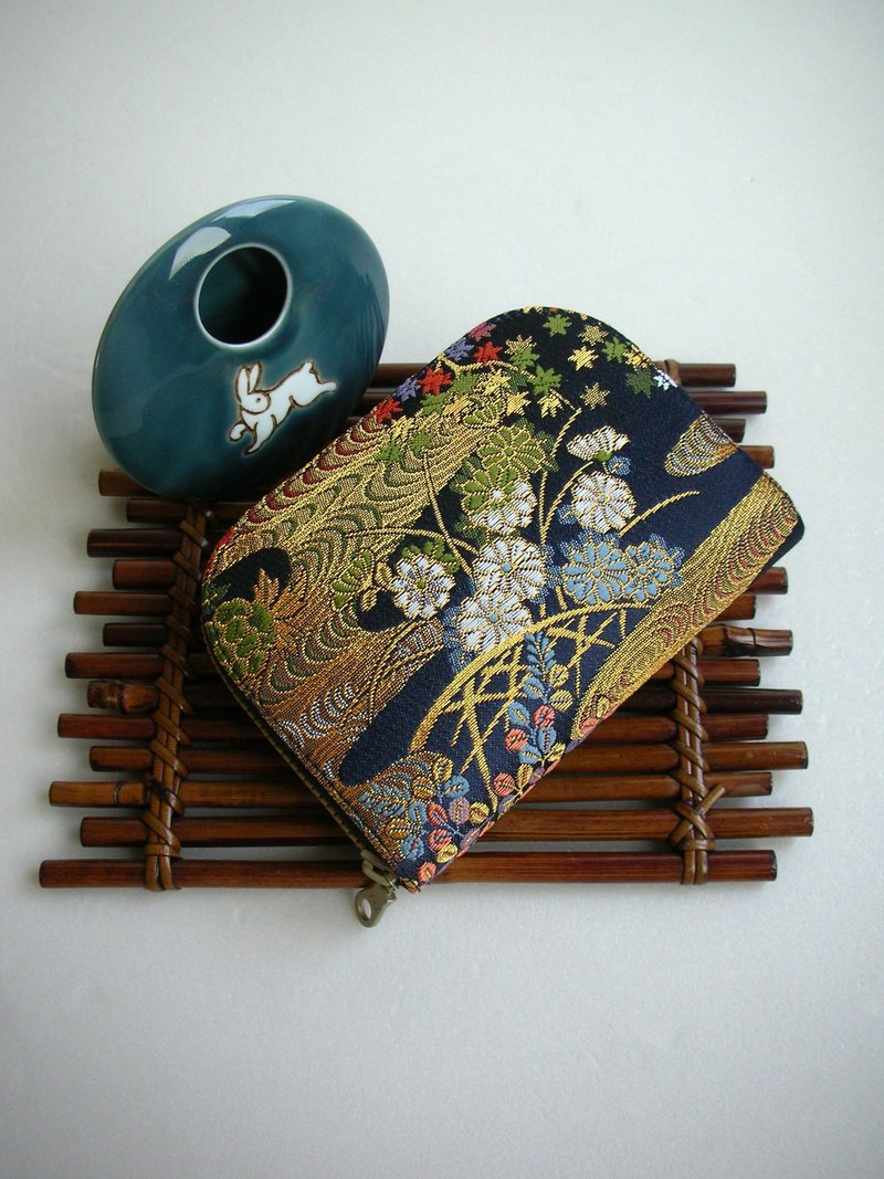 京西阵金襴锦织【金灿流水百花开】-短夹/皮夹/零 - 皮夹/钱包 - 丝．绢 黑色