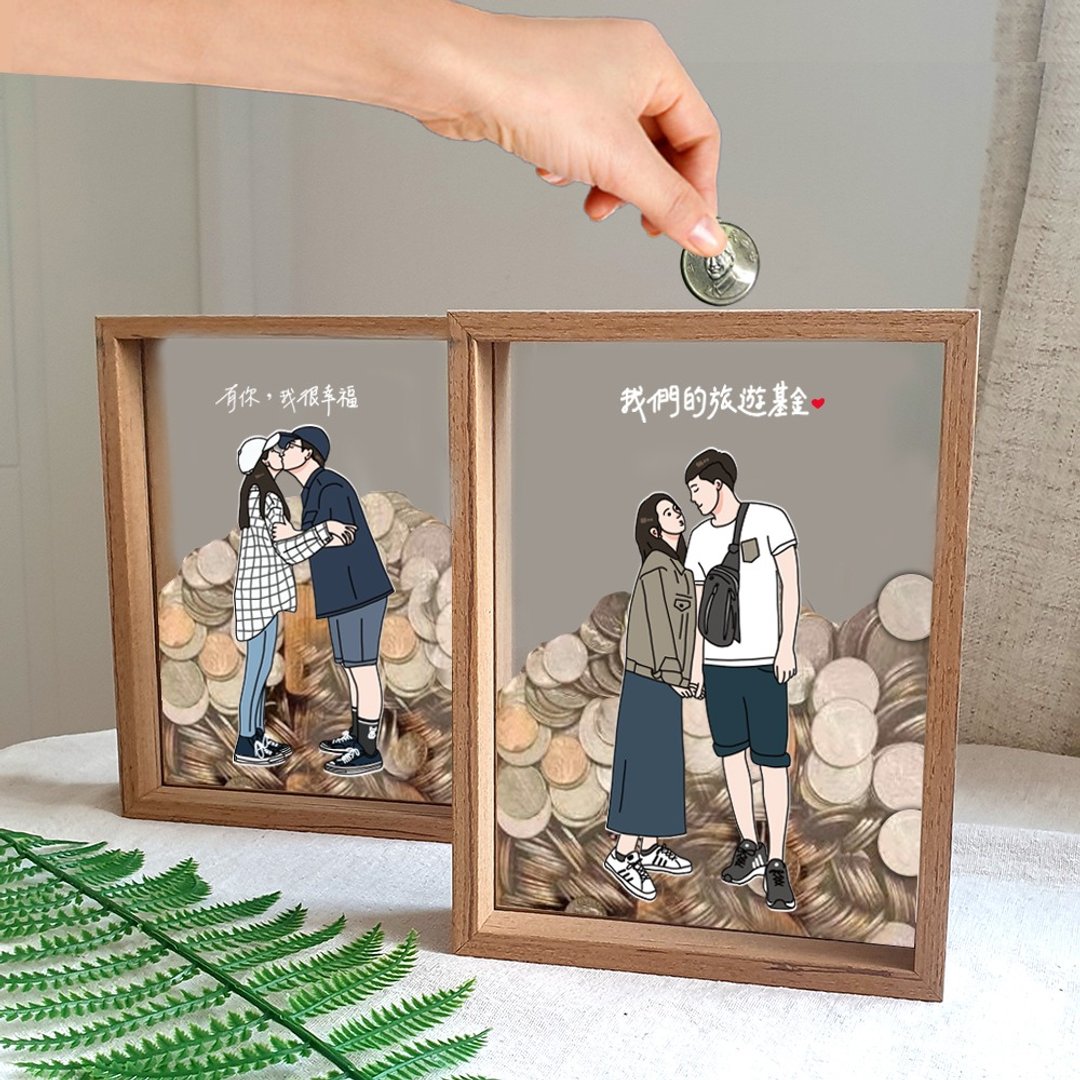 【定制】似颜绘 存钱筒 压克力 榉木 - 储蓄罐 - 木头 透明