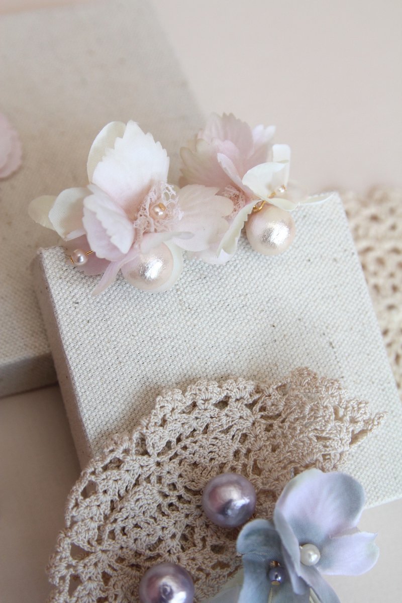 耳环 饰品 花耳环 花办耳环 珍珠耳环 干花耳环 少女风 日系作品 - 耳环/耳夹 - 丝．绢 粉红色