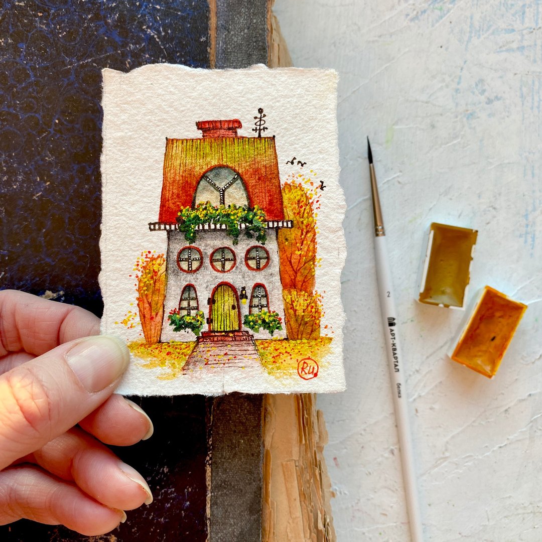ACEO Autumn art Miniature Original painting Collectible artwork by Rubinova - 海报/装饰画/版画 - 纸 多色