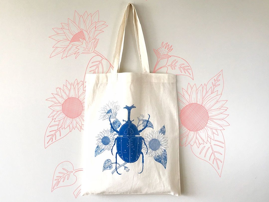 Organic Tote Bag  // Screen Print // Japanese Rhinoceros Beetle // Blue - 手提包/手提袋 - 棉 蓝色