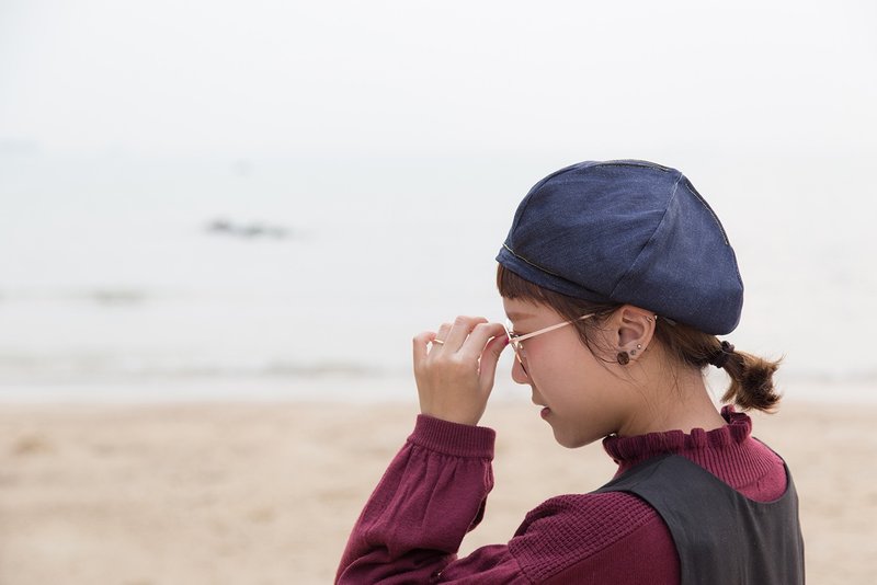 flowing_六角贝蕾帽.丹宁 - 帽子 - 棉．麻 蓝色