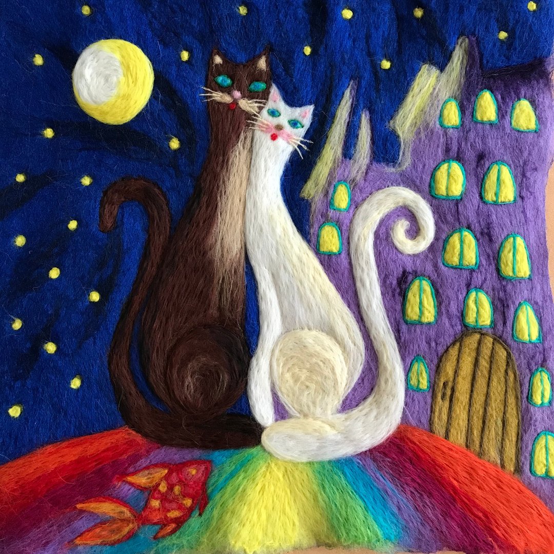 cats in love hand made felted wool art - wall art - 墙贴/壁贴 - 羊毛 多色