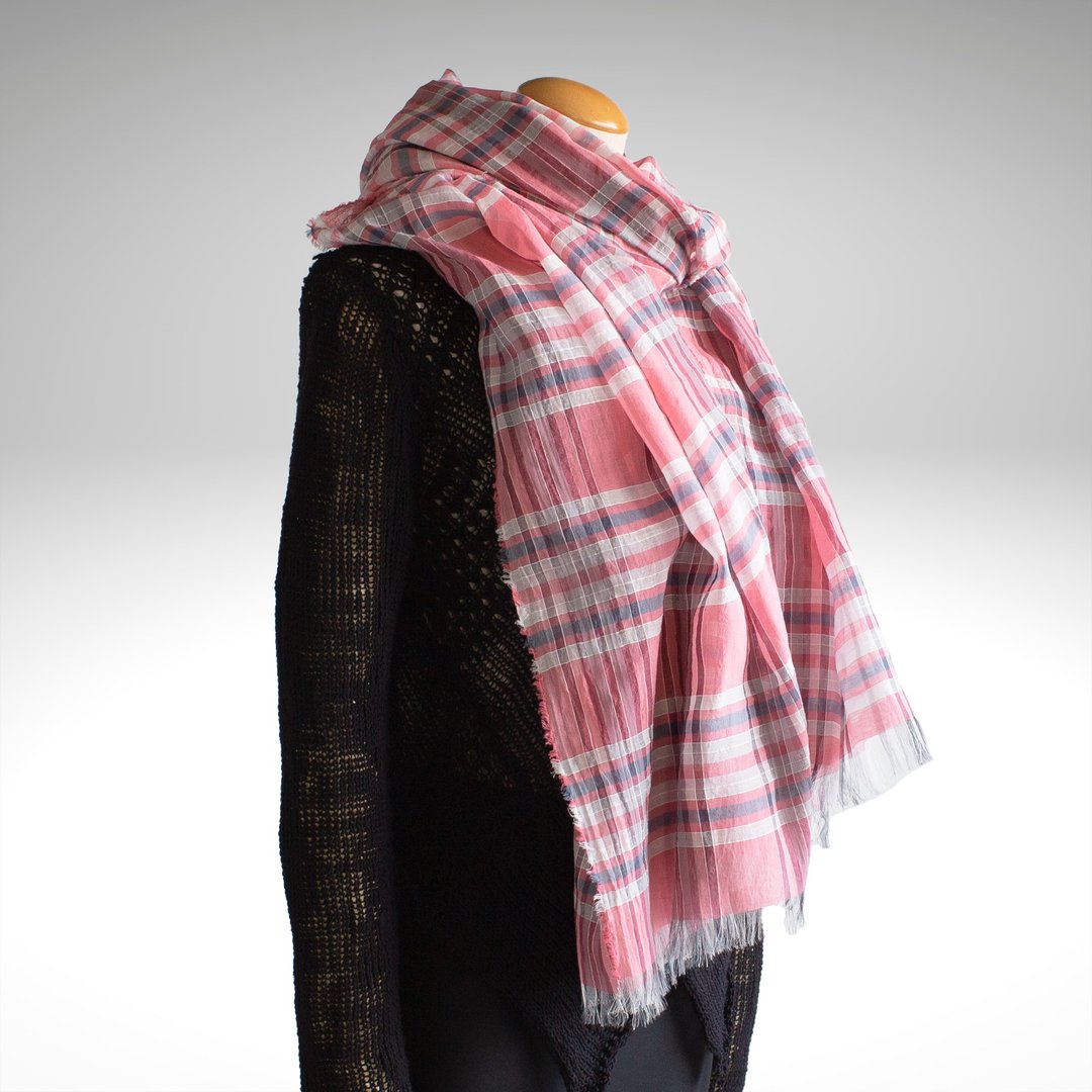 Cotton silk pink check long stole SV01 - 丝巾 - 棉 黑色