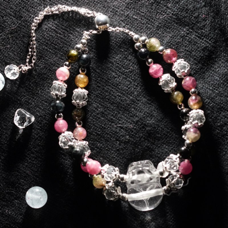 貔貅迎福 - 碧玺混合白水晶设计手串 - 手链/手环 - 水晶 多色