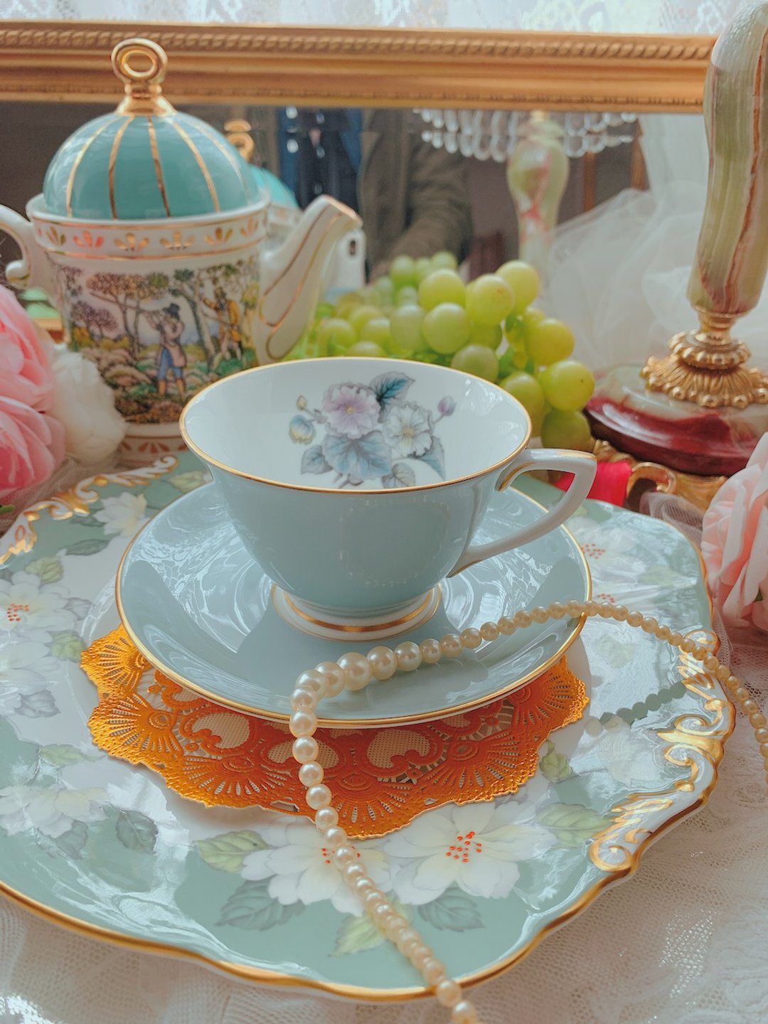 英国制 Royal Worcester 手绘花茶杯咖啡杯两件组 库存品完整 - 茶具/茶杯 - 瓷 绿色