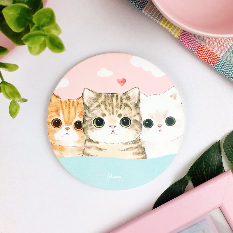 肥猫三兄弟款-圆型陶瓷吸水杯垫/动物柴犬.圣诞礼物 - 杯垫 - 陶 多色