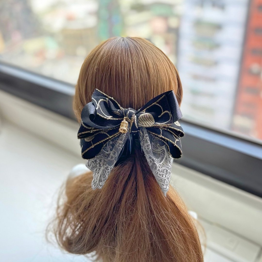 电绣织带蕾丝蝴蝶结相交夹香蕉夹仙女夹发夹-黑金色 - 发饰 - 其他材质 黑色