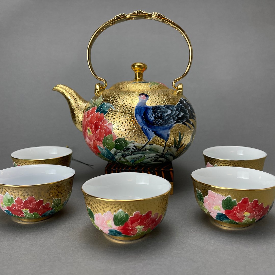 台湾【鎏金】手绘蓝鹊牡丹黄金茶具组 - 茶具/茶杯 - 陶 金色
