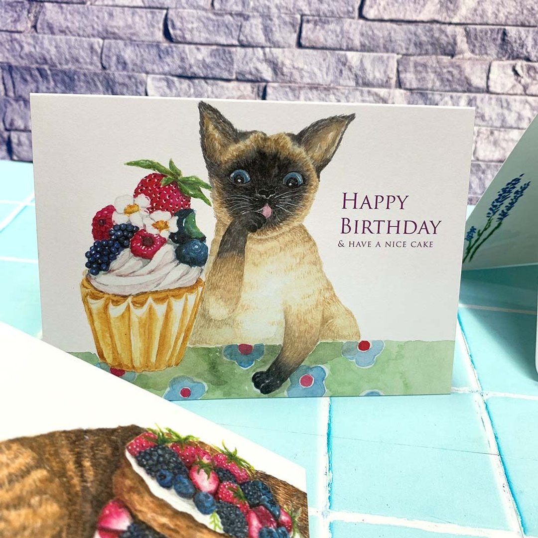 猫与甜点生日卡片 | 暹罗猫 | 杯子蛋糕 | 生日 |庆生 | 贺卡 - 卡片/明信片 - 纸 白色