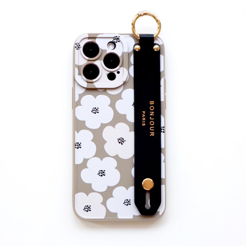 iPhone 15/14/13/12 米灰法式小花手带手机壳 - 手机壳/手机套 - 塑料 灰色