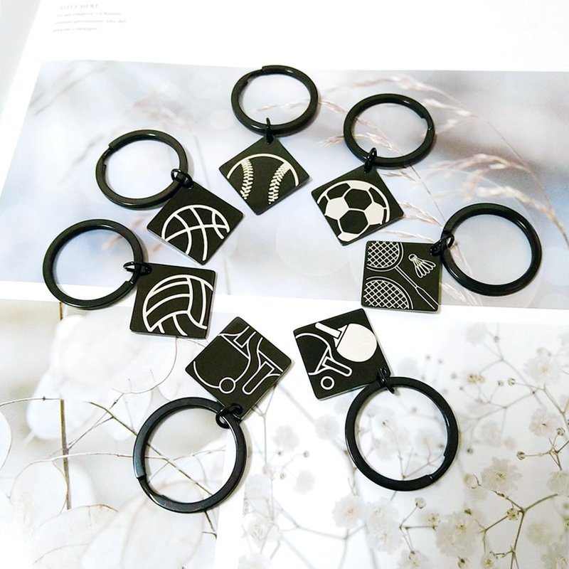 【不锈钢钥匙圈(方)】原创插画・排球羽球桌球篮球足球网球棒球 - 钥匙链/钥匙包 - 不锈钢 黑色