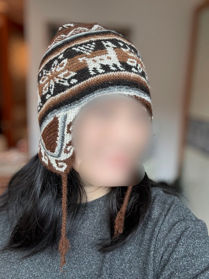 童/成人圣诞礼物/南美洲秘鲁100%纯羊驼毛轻暖手工护耳帽民族雪花 - 帽子 - 羊毛 咖啡色