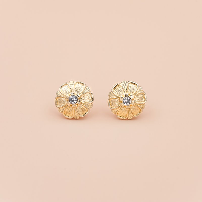 Vintage 早期新品钮扣手工耳环｜花朵钻石 - 耳环/耳夹 - 其他金属 金色