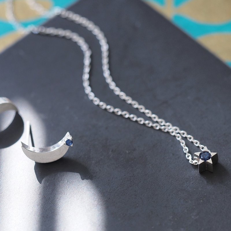 2 pieces set) sapphire star & crescent necklace earrings set Silver 925 - 项链 - 其他金属 蓝色