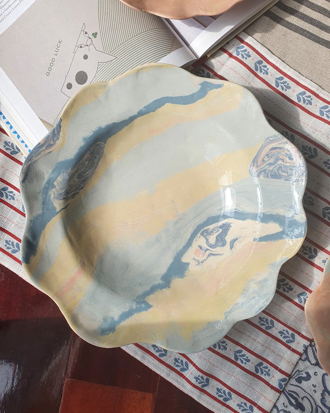 Hand Built Plate | Blue Marbling | Ceramic Handmade | Pasta Bowl - 花瓶/陶器 - 陶 蓝色