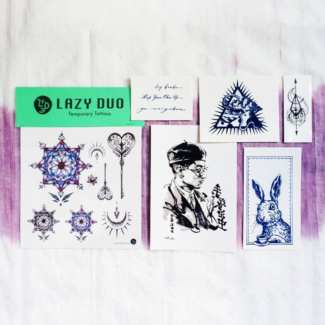 Goody Bag - LAZY DUO手绘刺青纹身贴纸｜福袋A・星之玻璃／水墨人像／下午茶兔 - 纹身贴 - 纸 多色
