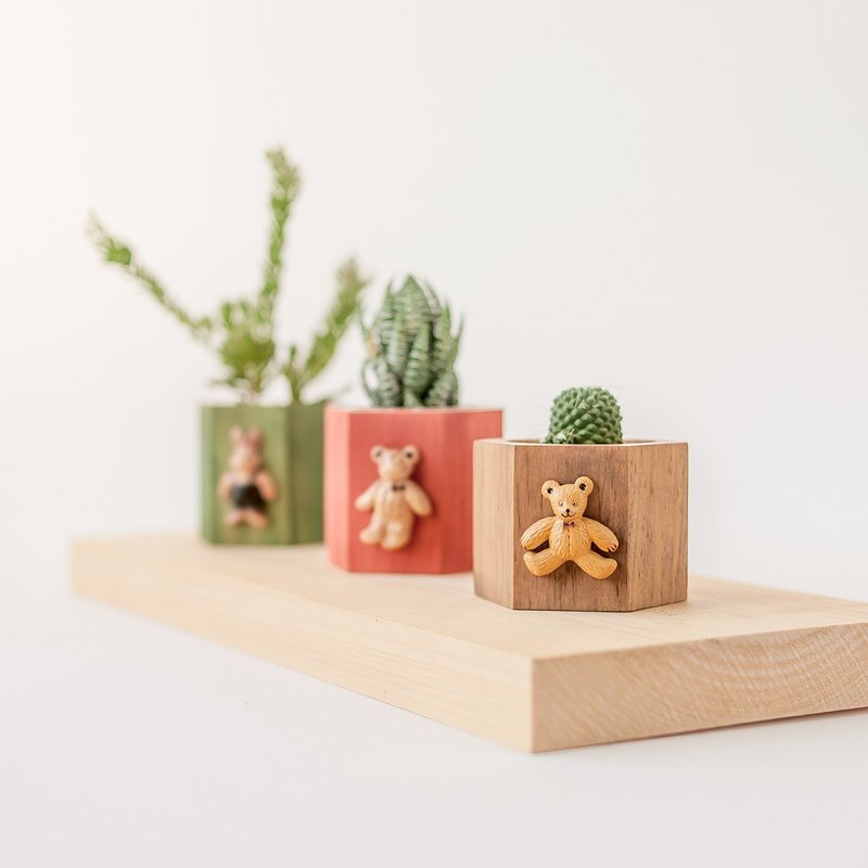 【蜂巢多肉木盆-古橡棕熊】木制收纳盒 花器/不含植 - 植栽/盆栽 - 木头 