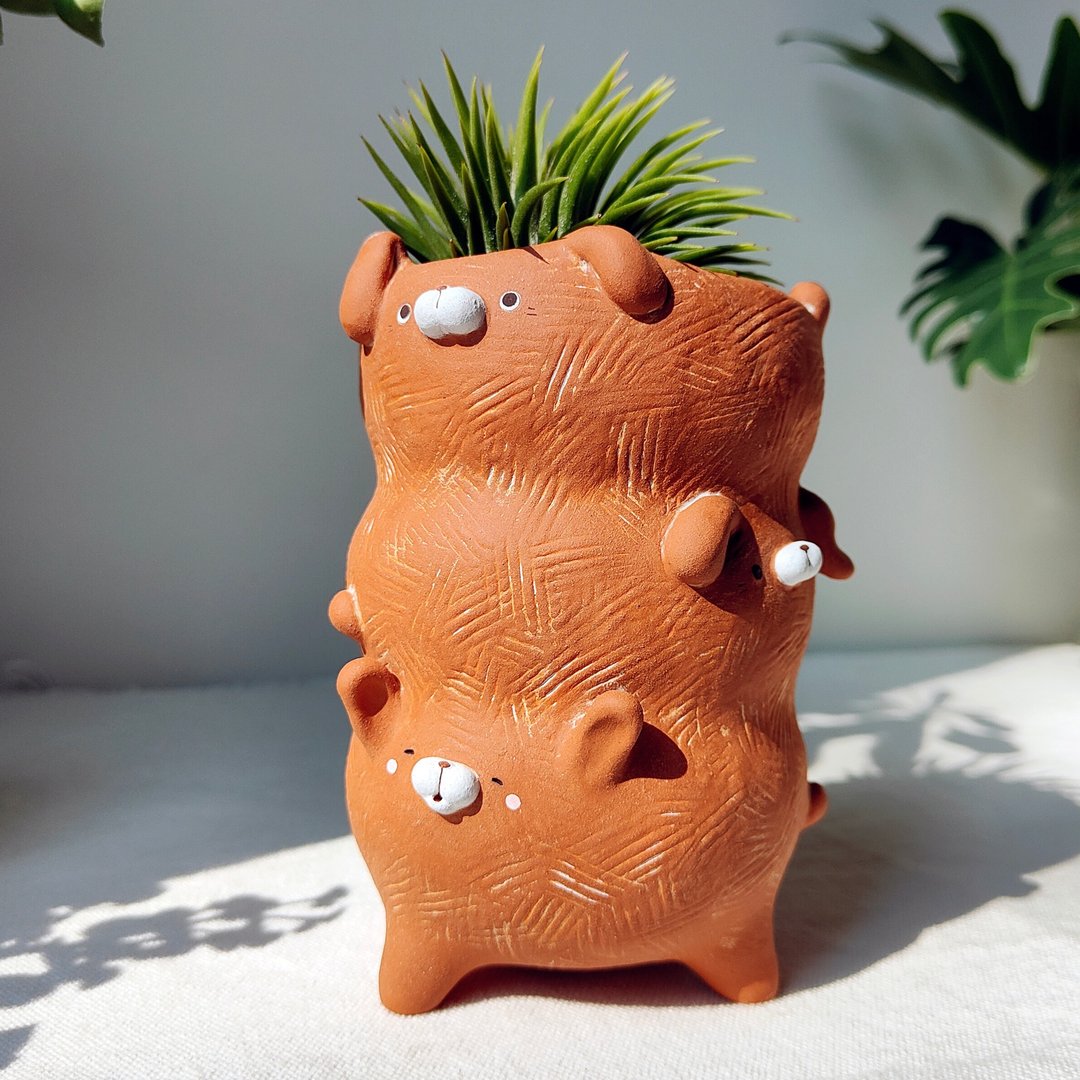 Dango bunny planter. Handmade terracotta 花 - 花瓶/陶器 - 陶 