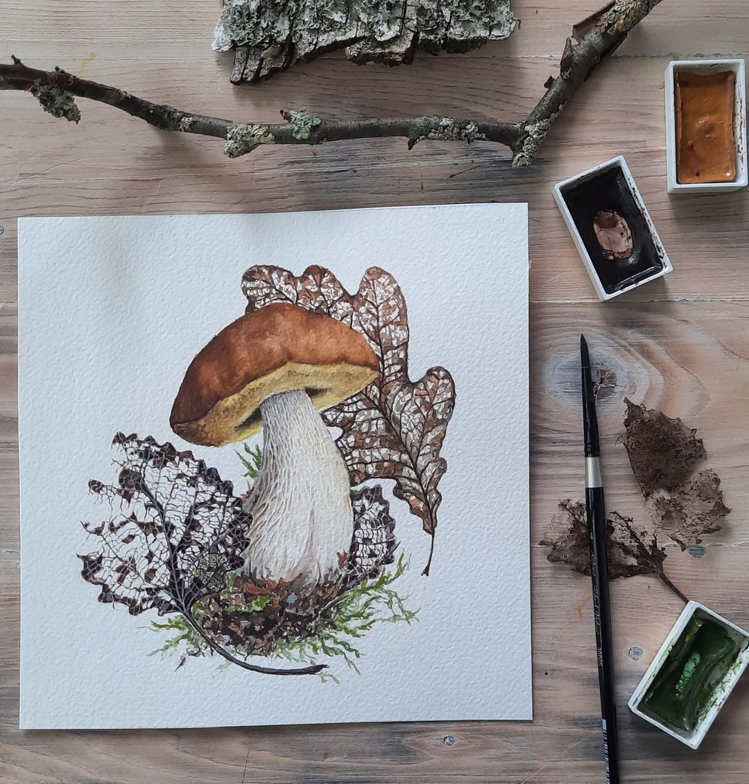 原创水彩画。植物艺术。蘑菇艺术 - 墙贴/壁贴 - 纸 咖啡色