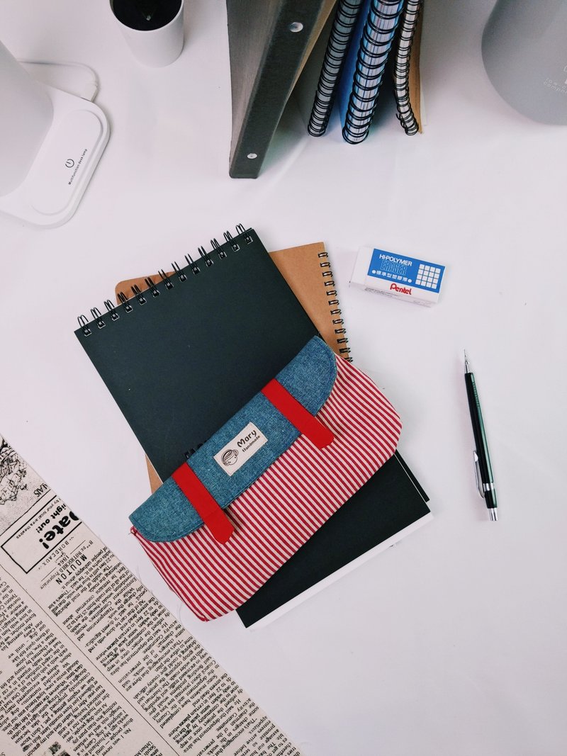 红条纹拼接铅笔盒 - 铅笔盒/笔袋 - 棉．麻 红色